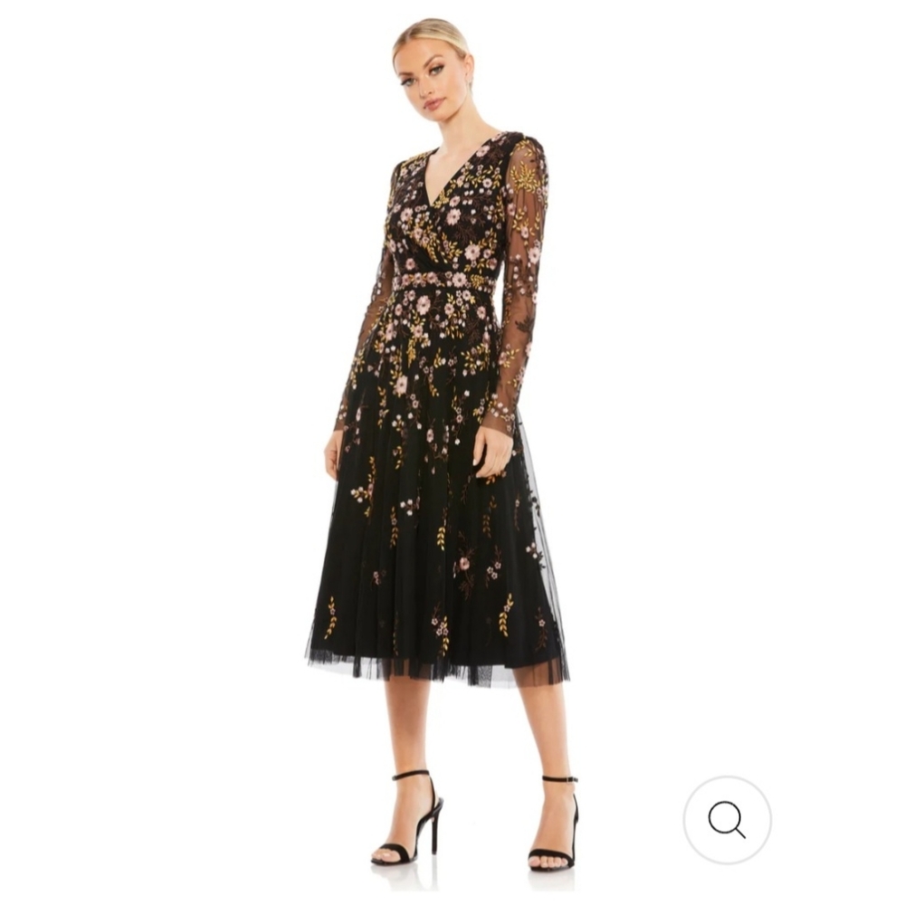 Mac Duggal Floral Embroidered A- Line Cocktail Dress, Black, Size 6